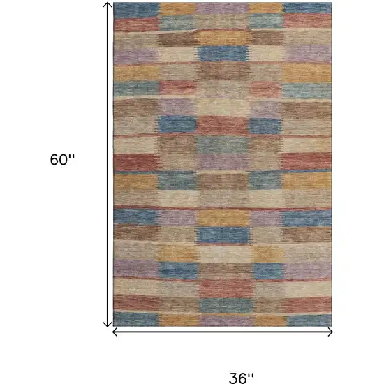 Beige Blue And Gold Striped Washable Area Rug With UV Protection Photo 9