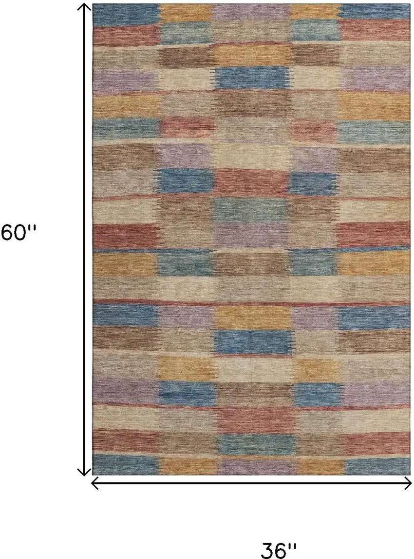 Beige Blue And Gold Striped Washable Area Rug With UV Protection Photo 9