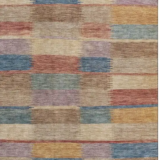 Beige Blue And Gold Striped Washable Area Rug With UV Protection Photo 2