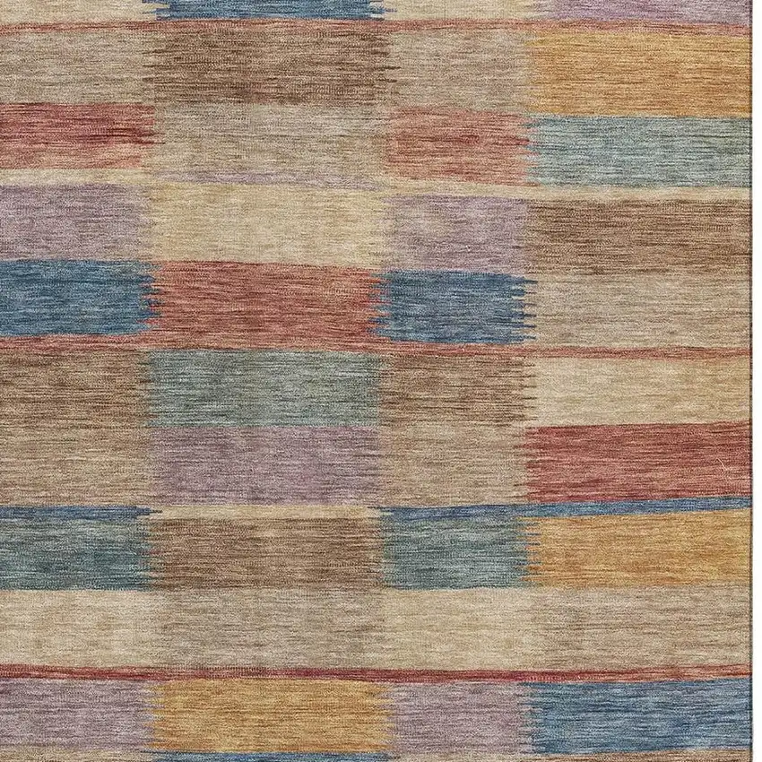 Beige Blue And Gold Striped Washable Area Rug With UV Protection Photo 2