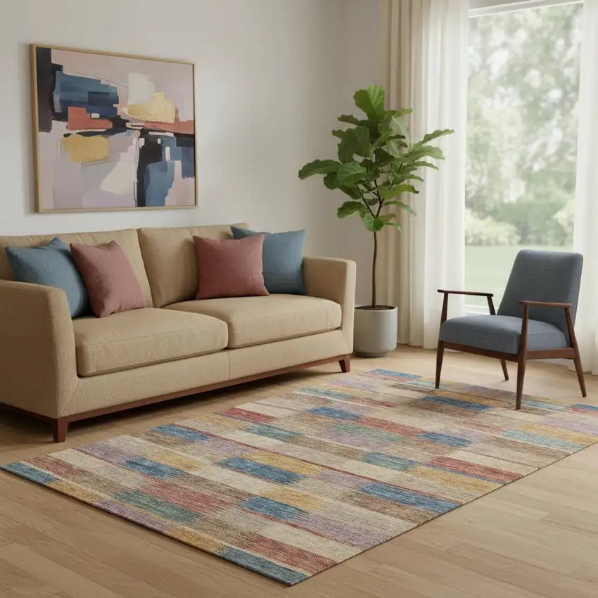 Beige Blue And Gold Striped Washable Area Rug With UV Protection Photo 2