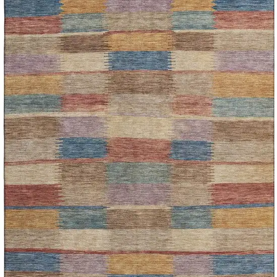 Beige Blue And Gold Striped Washable Area Rug With UV Protection Photo 3