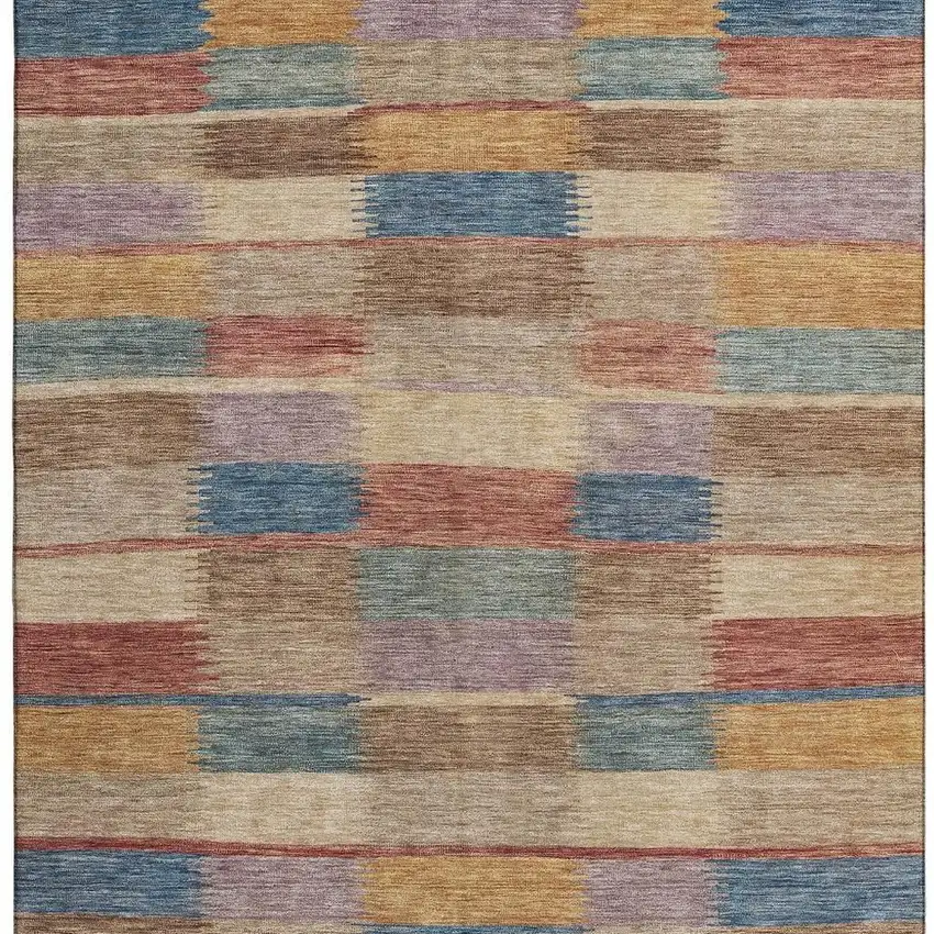 Beige Blue And Gold Striped Washable Area Rug With UV Protection Photo 3
