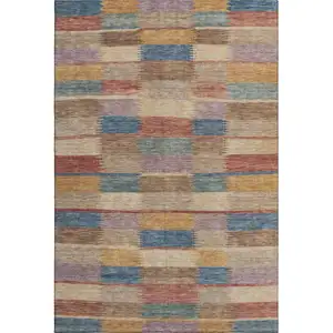 Photo of Beige Blue And Gold Striped Washable Area Rug With UV Protection