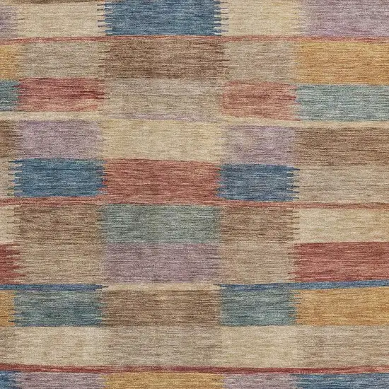 Beige Blue And Gold Striped Washable Area Rug With UV Protection Photo 2