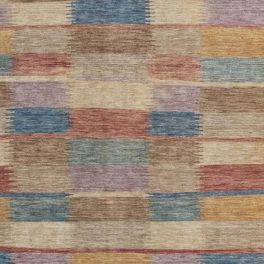 Beige Blue And Gold Striped Washable Area Rug With UV Protection Photo 2