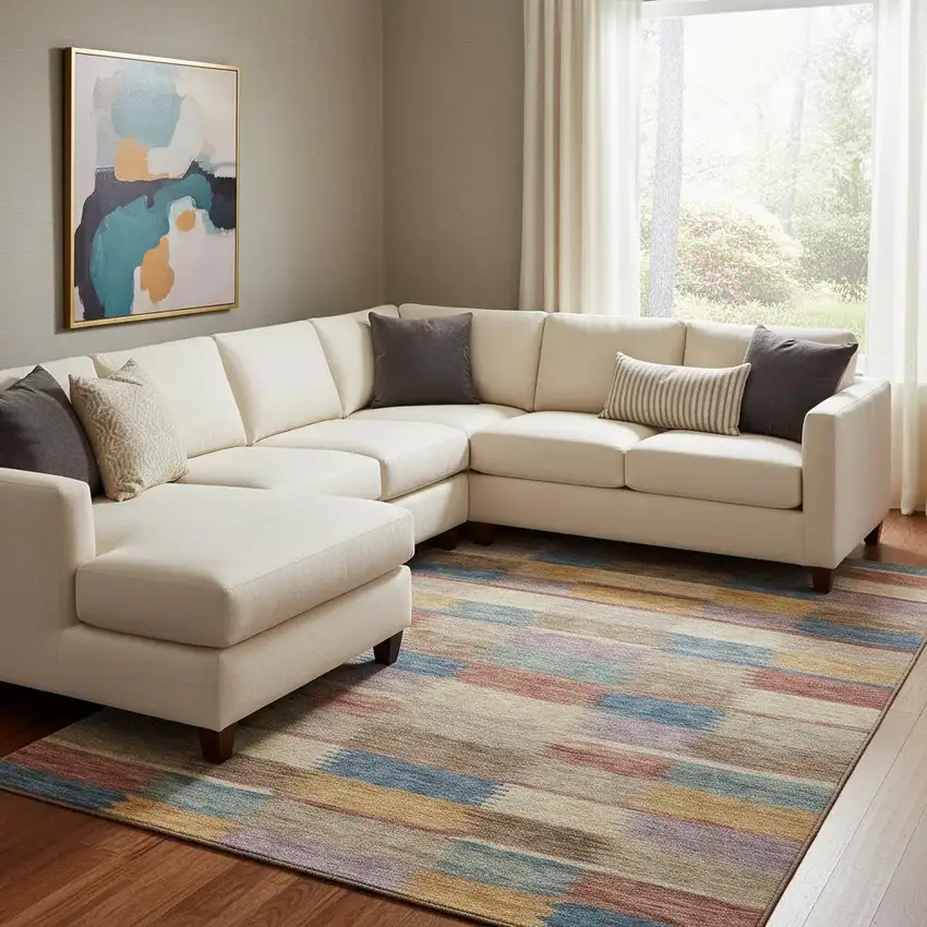 Beige Blue And Gold Striped Washable Area Rug With UV Protection Photo 2