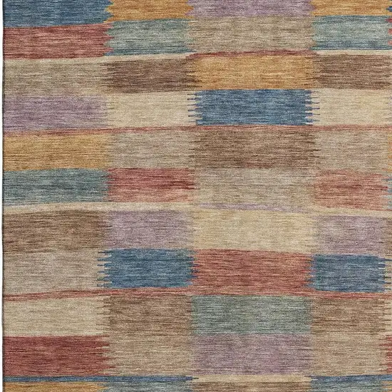 Beige Blue And Gold Striped Washable Area Rug With UV Protection Photo 2