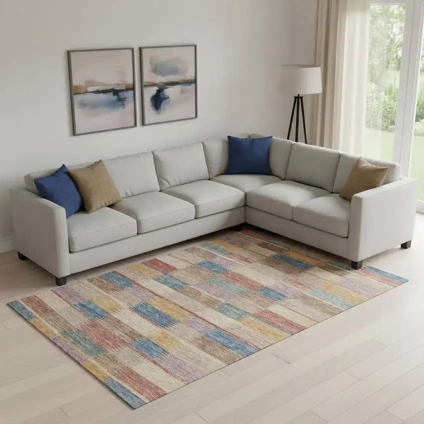 Beige Blue And Gold Striped Washable Area Rug With UV Protection Photo 2