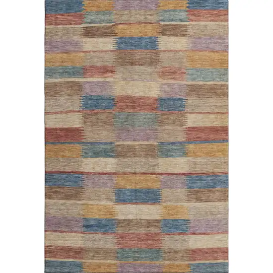 Beige Blue And Gold Striped Washable Area Rug With UV Protection Photo 1