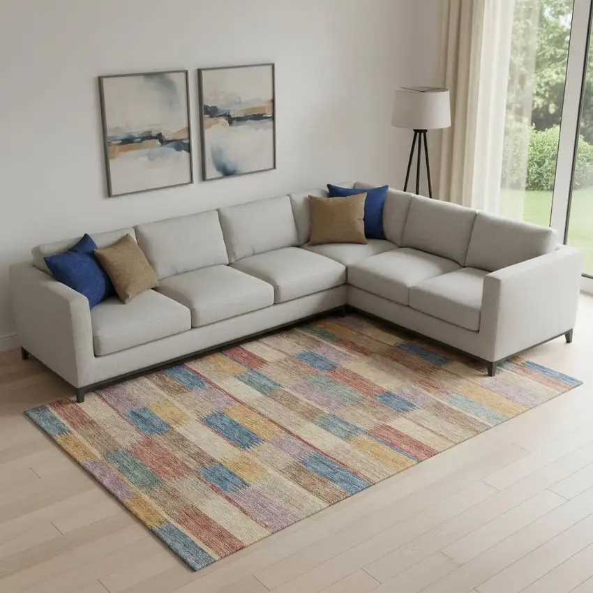 Beige Blue And Gold Striped Washable Area Rug With UV Protection Photo 2