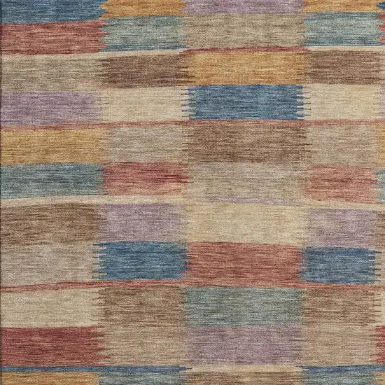 Beige Blue And Gold Striped Washable Area Rug With UV Protection Photo 2