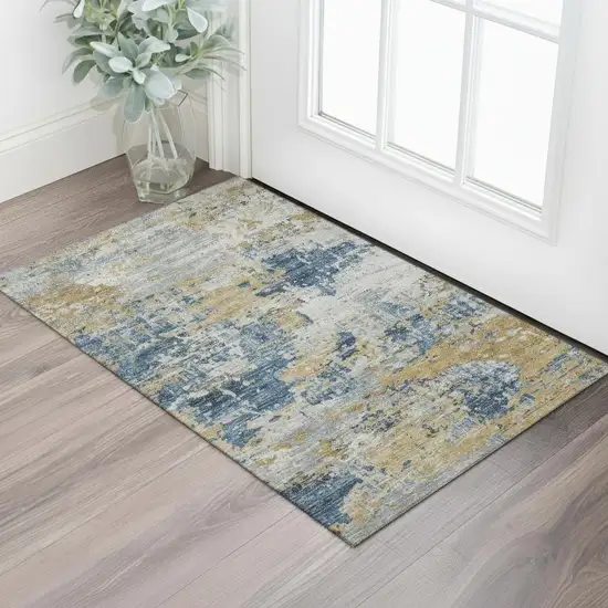 Beige Blue And Gray Abstract Washable Area Rug With UV Protection Photo 2
