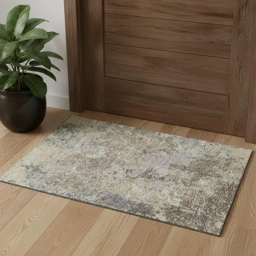 Beige Blue And Gray Abstract Washable Area Rug With UV Protection Photo 1