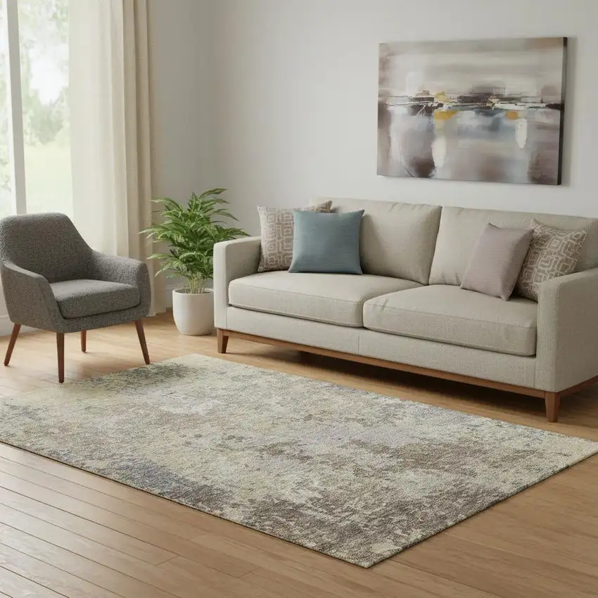 Beige Blue And Gray Abstract Washable Area Rug With UV Protection Photo 2