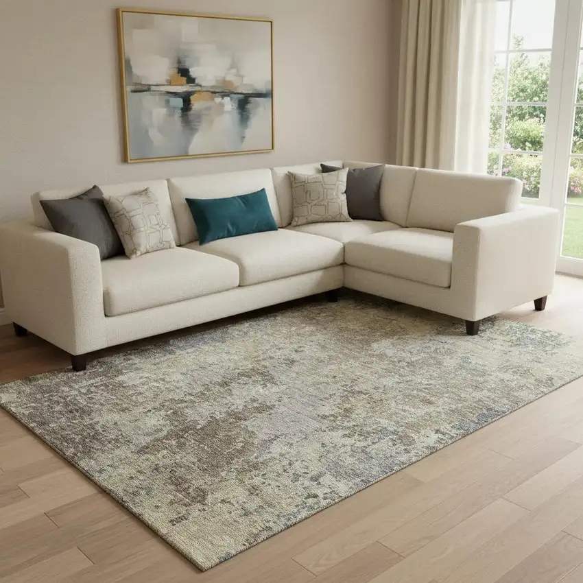 Beige Blue And Gray Abstract Washable Area Rug With UV Protection Photo 2