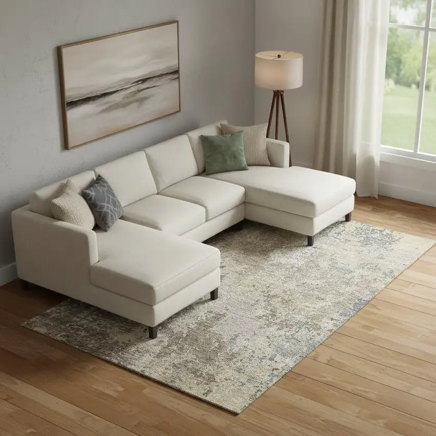 Beige Blue And Gray Abstract Washable Area Rug With UV Protection Photo 2