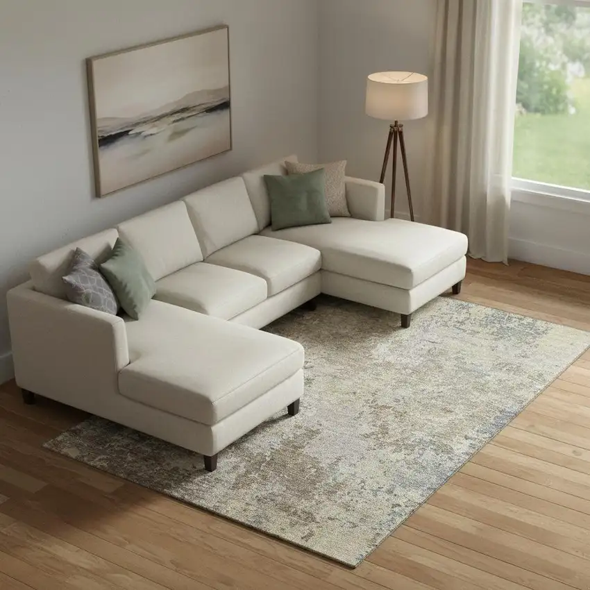 Beige Blue And Gray Abstract Washable Area Rug With UV Protection Photo 2