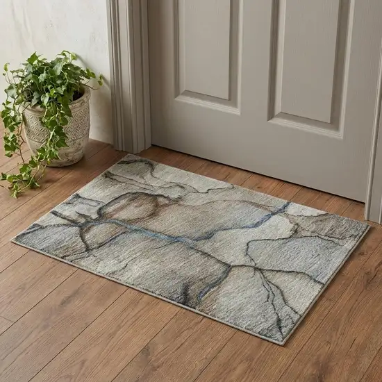 Beige Blue And Gray Abstract Washable Area Rug With UV Protection Photo 1