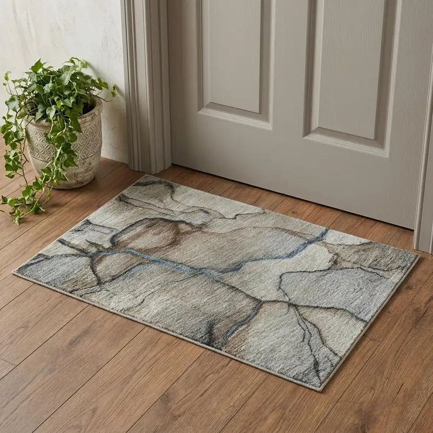 Beige Blue And Gray Abstract Washable Area Rug With UV Protection Photo 1