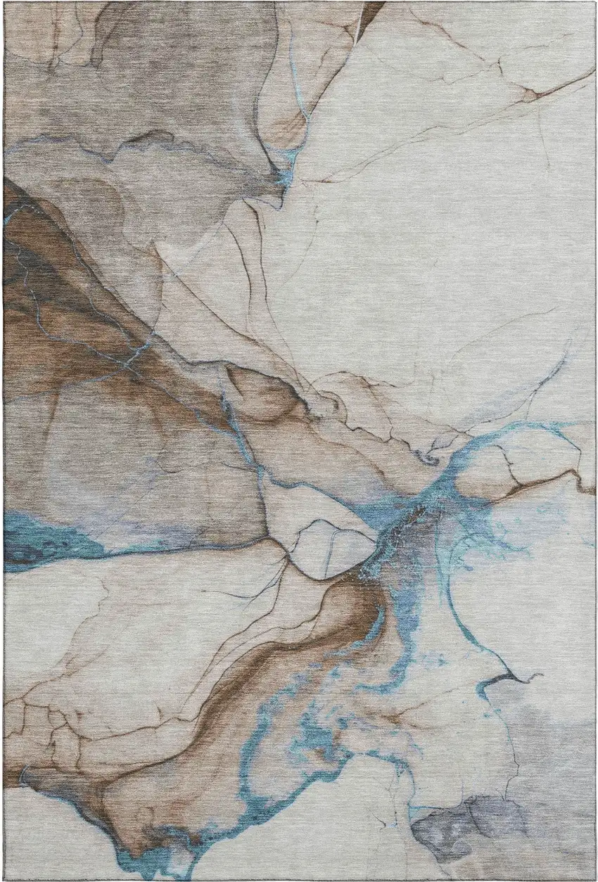 Beige Blue And Gray Abstract Washable Area Rug With UV Protection Photo 5