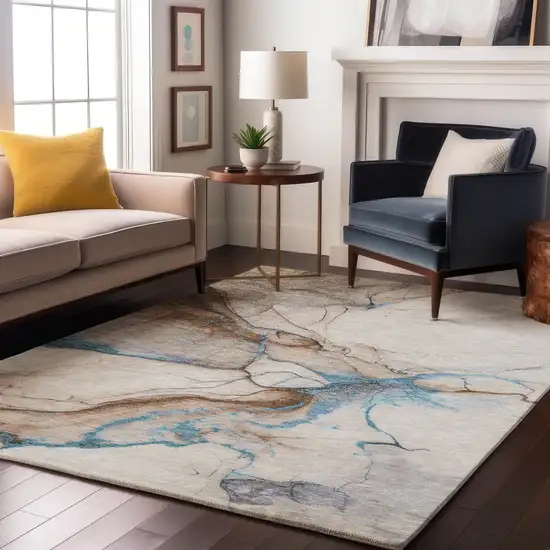 Beige Blue And Gray Abstract Washable Area Rug With UV Protection Photo 4