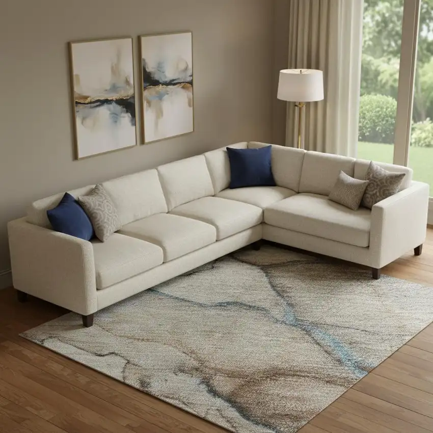 Beige Blue And Gray Abstract Washable Area Rug With UV Protection Photo 2