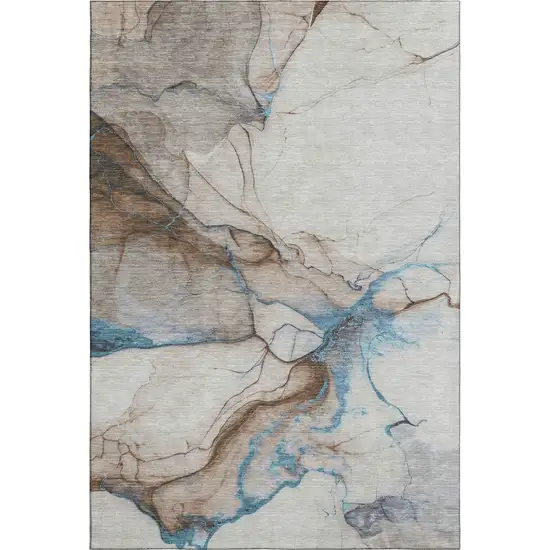 Beige Blue And Gray Abstract Washable Area Rug With UV Protection Photo 5
