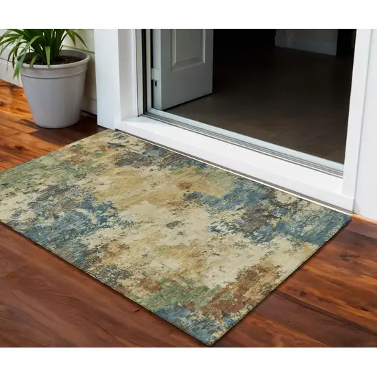 Beige Blue And Gray Abstract Washable Indoor Outdoor Area Rug Photo 1