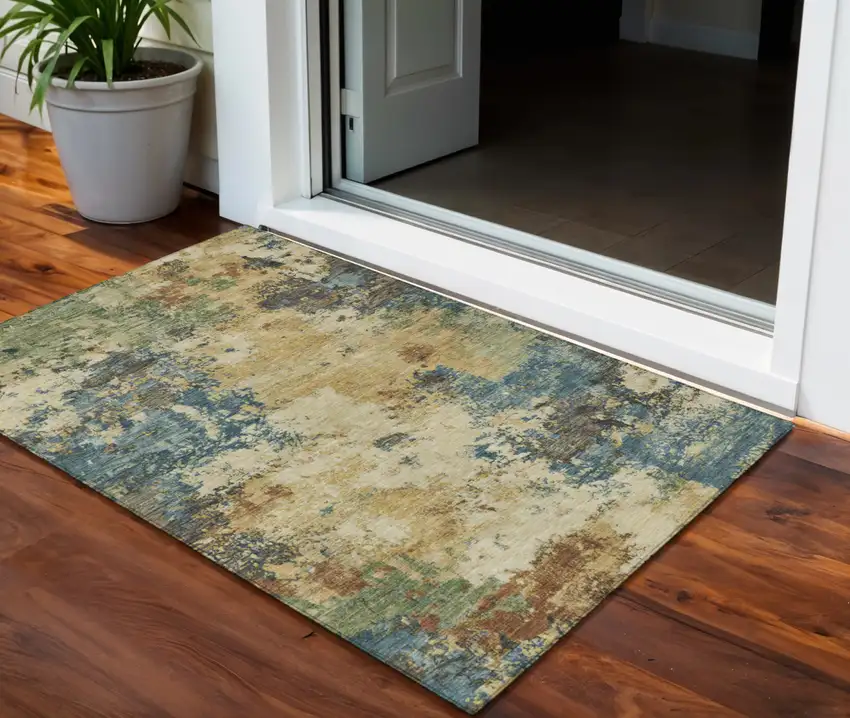 Beige Blue And Gray Abstract Washable Indoor Outdoor Area Rug Photo 1