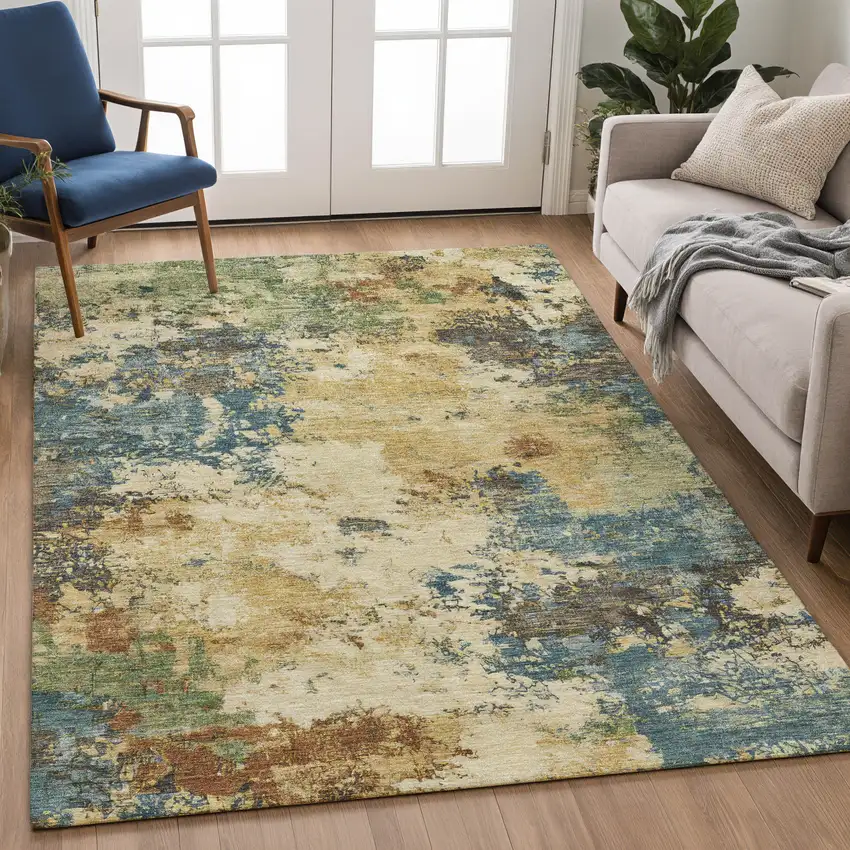 Beige Blue And Gray Abstract Washable Indoor Outdoor Area Rug Photo 3