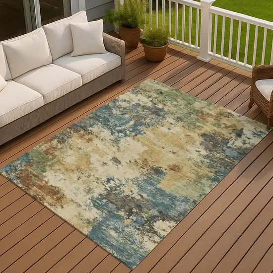 Beige Blue And Gray Abstract Washable Indoor Outdoor Area Rug Photo 2