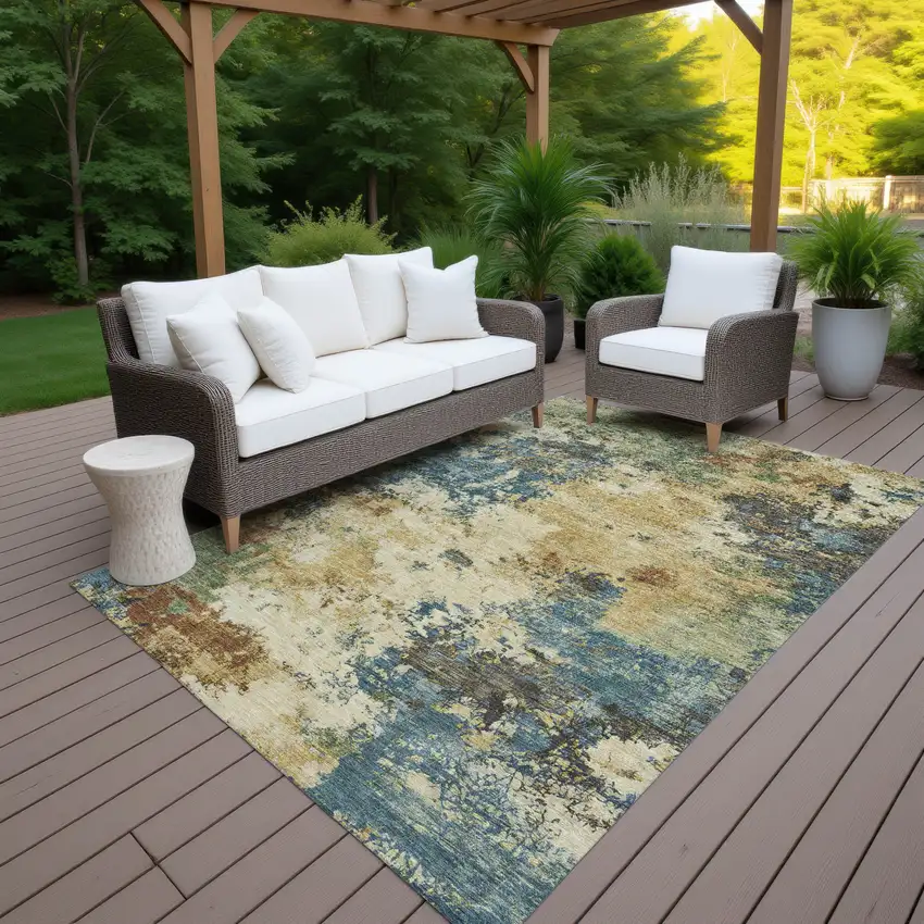Beige Blue And Gray Abstract Washable Indoor Outdoor Area Rug Photo 5