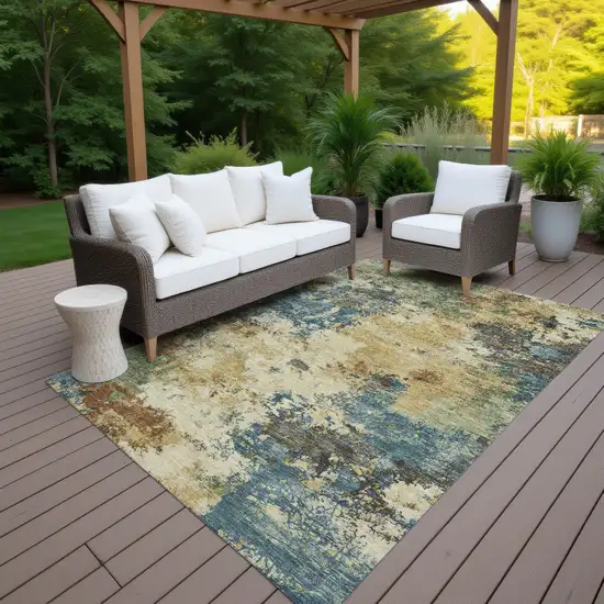 Beige Blue And Gray Abstract Washable Indoor Outdoor Area Rug Photo 5