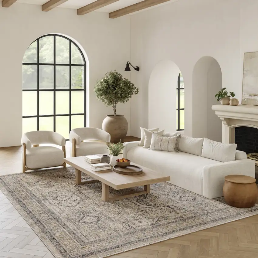 Beige Blue And Gray Floral Area Rug Photo 5