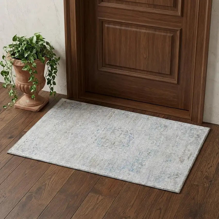 Beige Blue And Gray Floral Medallion Washable Area Rug With UV Protection Photo 1