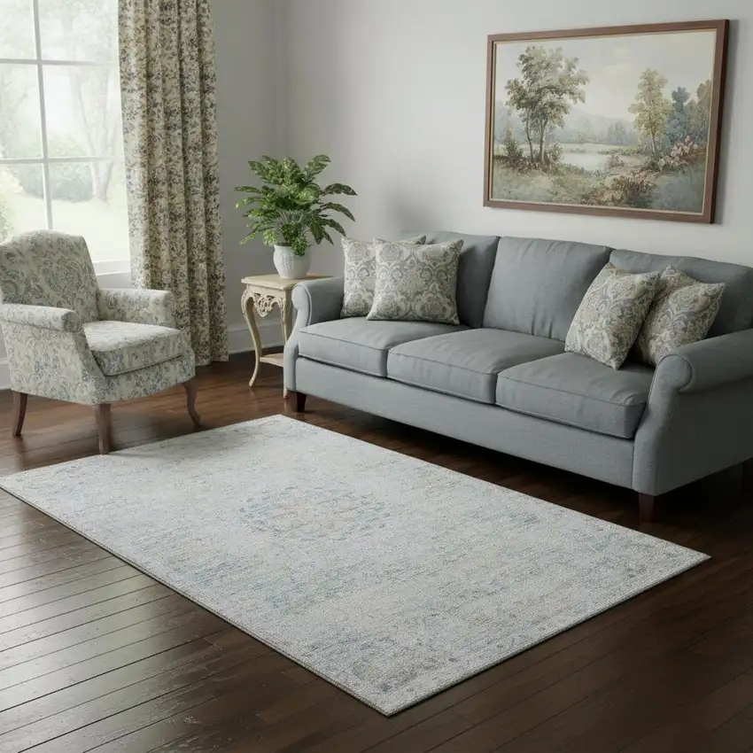 Beige Blue And Gray Floral Medallion Washable Area Rug With UV Protection Photo 2