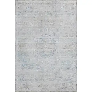 Photo of Beige Blue And Gray Floral Medallion Washable Area Rug With UV Protection