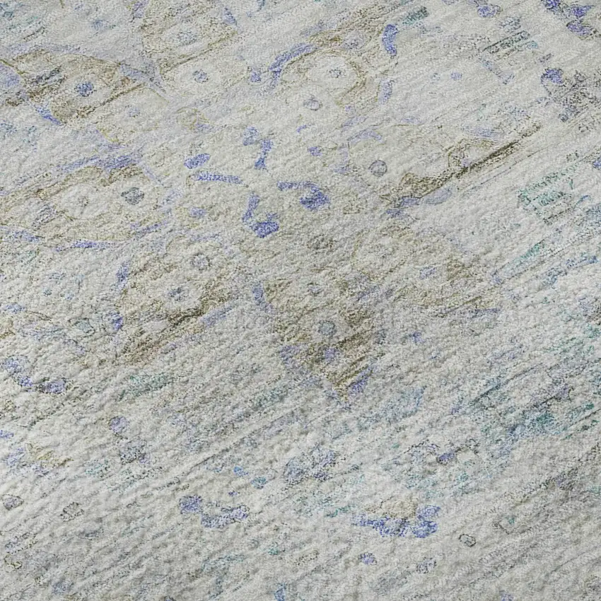 Beige Blue And Gray Floral Medallion Washable Area Rug With UV Protection Photo 9