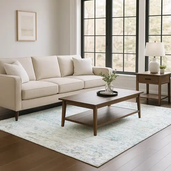 Beige Blue And Gray Floral Medallion Washable Area Rug With UV Protection Photo 4