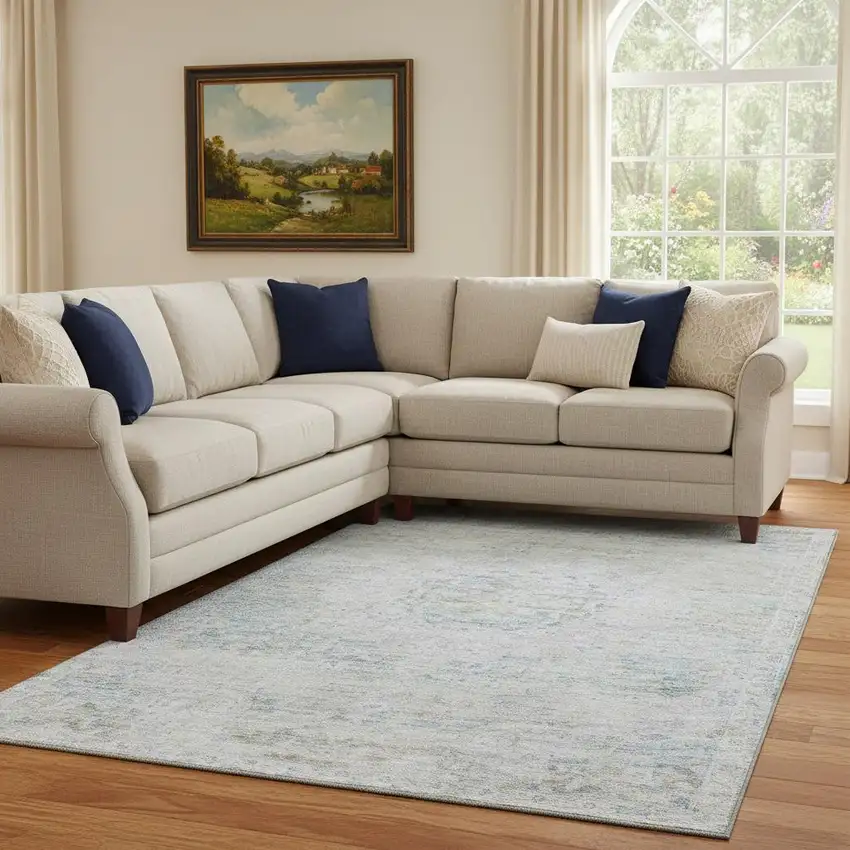 Beige Blue And Gray Floral Medallion Washable Area Rug With UV Protection Photo 2