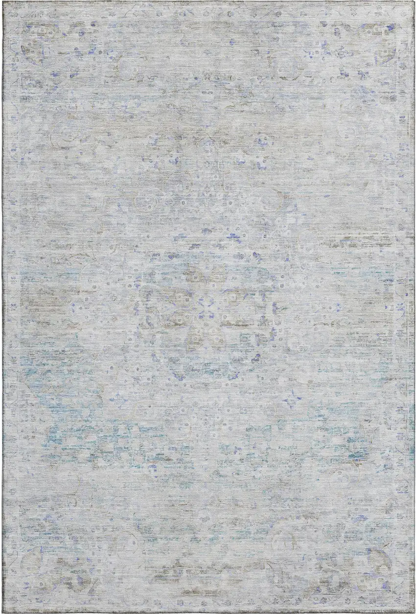 Beige Blue And Gray Floral Medallion Washable Area Rug With UV Protection Photo 1