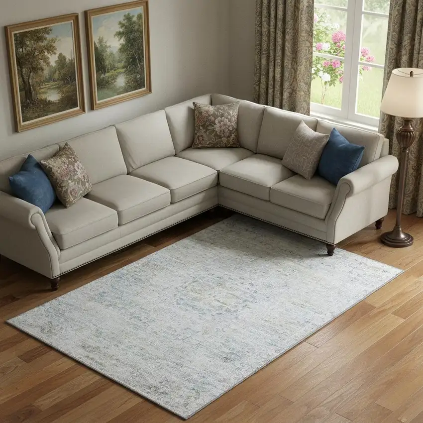 Beige Blue And Gray Floral Medallion Washable Area Rug With UV Protection Photo 2