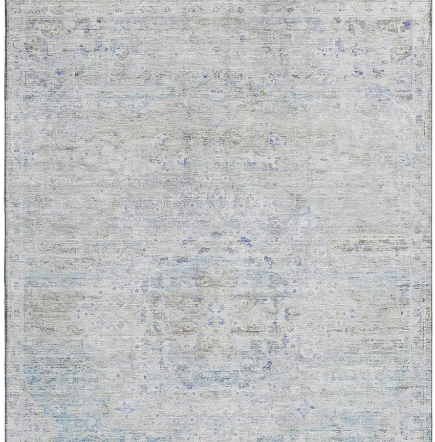 Beige Blue And Gray Floral Medallion Washable Area Rug With UV Protection Photo 3