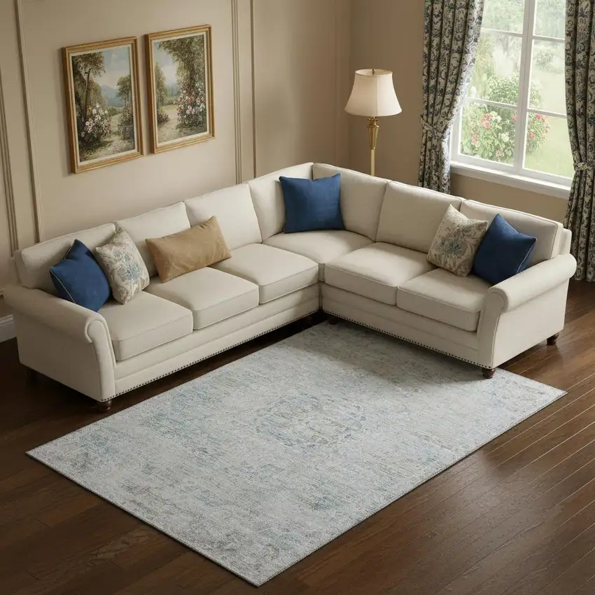 Beige Blue And Gray Floral Medallion Washable Area Rug With UV Protection Photo 2