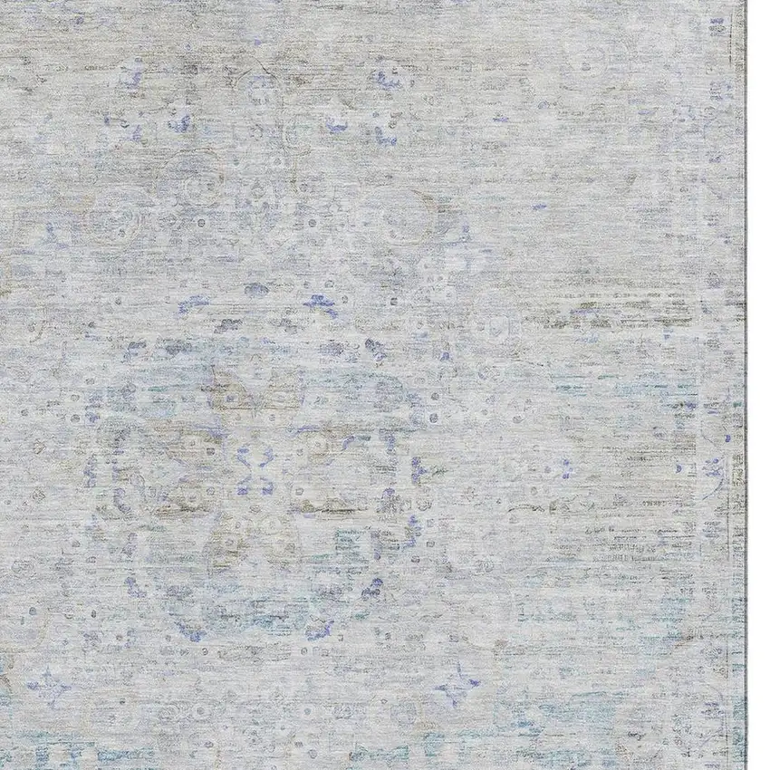 Beige Blue And Gray Floral Medallion Washable Area Rug With UV Protection Photo 2