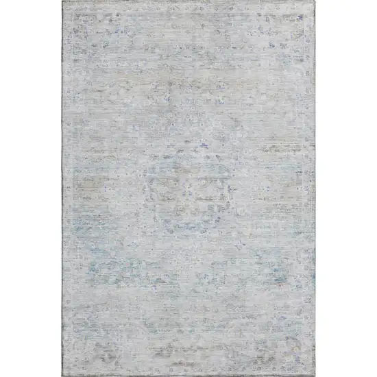 Beige Blue And Gray Floral Medallion Washable Area Rug With UV Protection Photo 1
