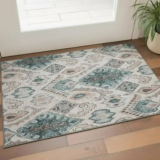 Beige Blue And Gray Moroccan Washable Area Rug With UV Protection Photo 1