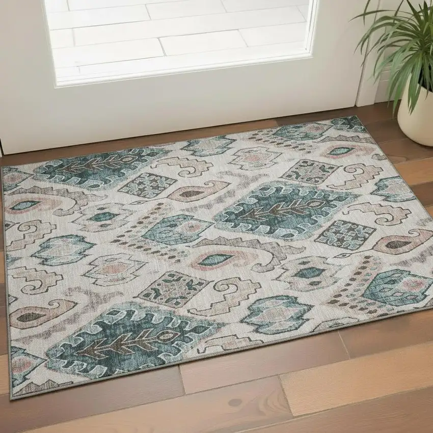 Beige Blue And Gray Moroccan Washable Area Rug With UV Protection Photo 1