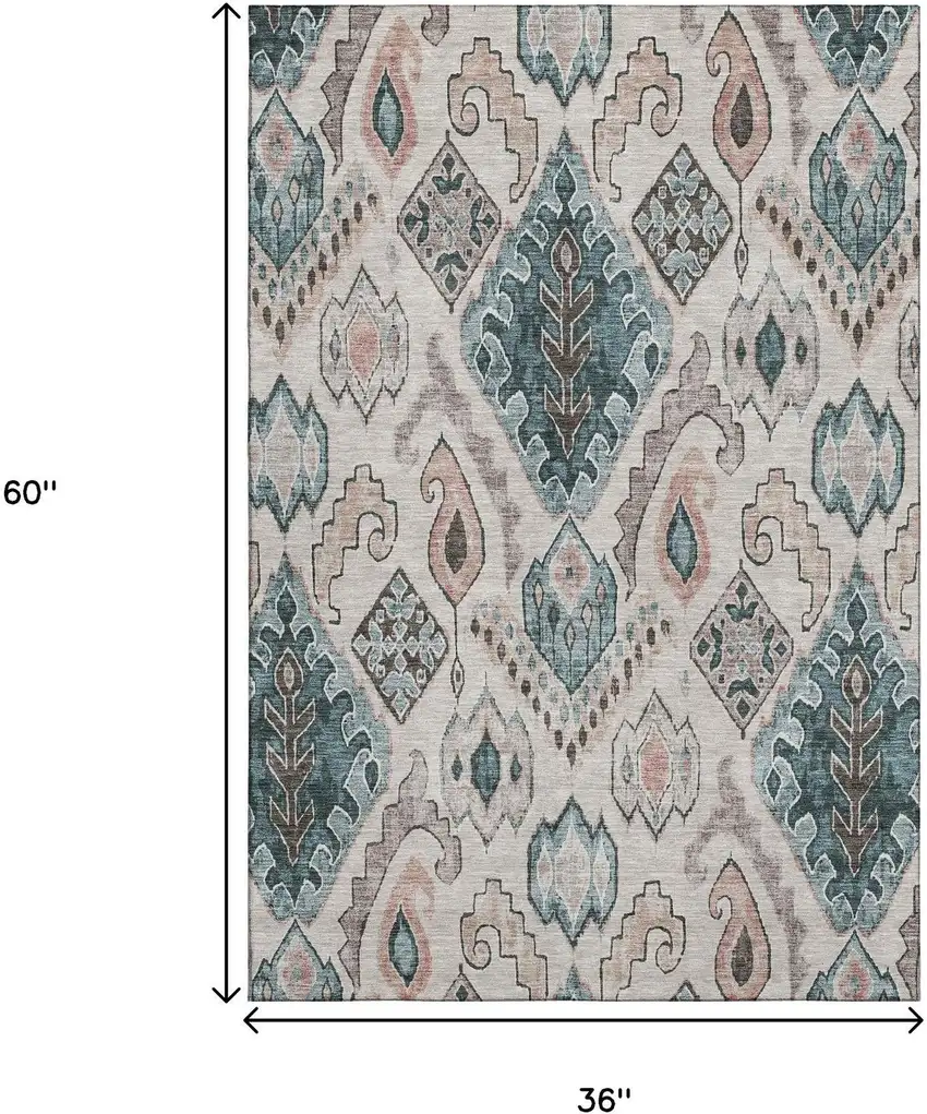 Beige Blue And Gray Moroccan Washable Area Rug With UV Protection Photo 3